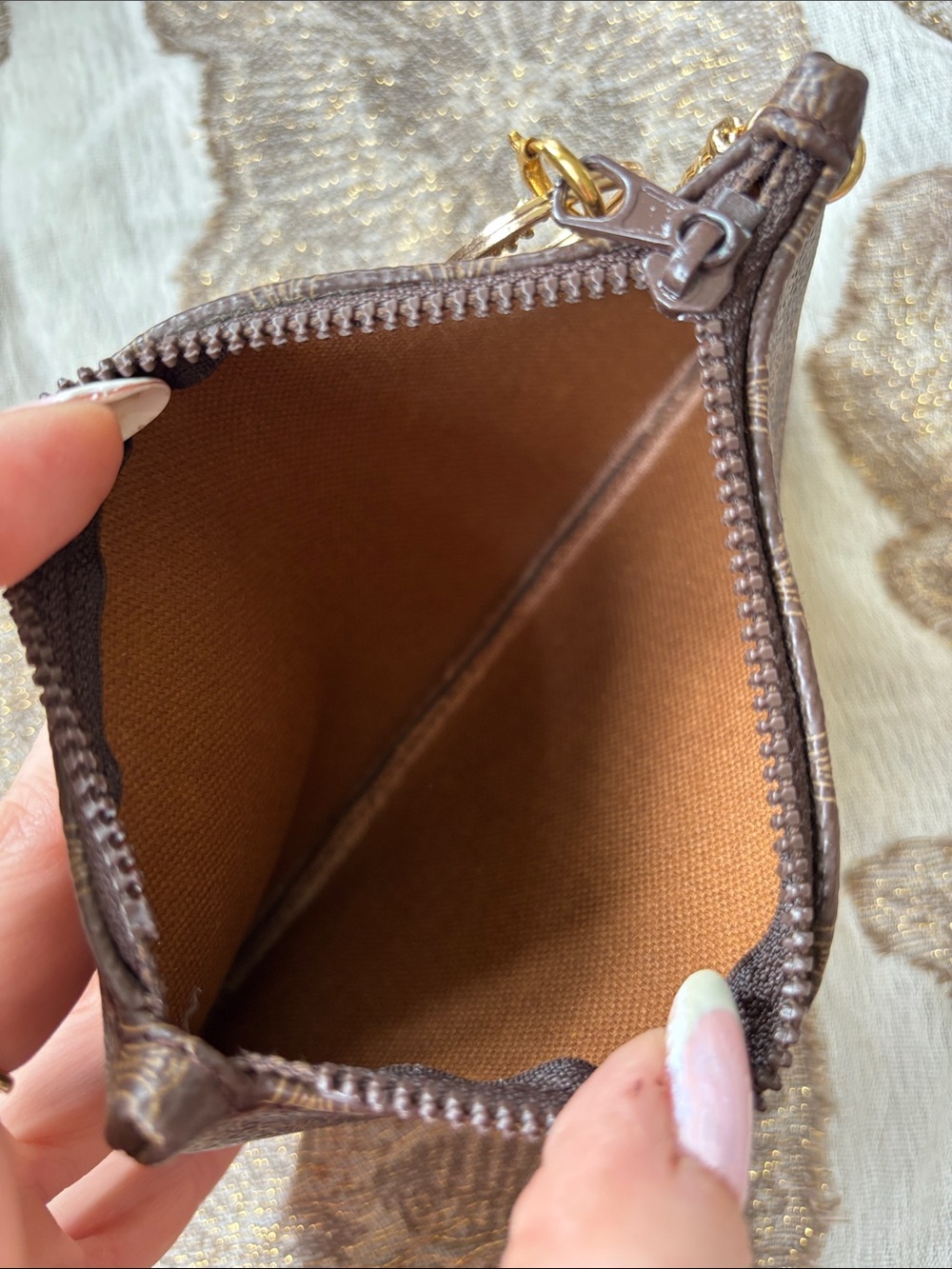 Celine Brown Logo-Print Leather Wristlet w/ Gold Tone Chain & Clover Charm - Picture 10 of 15